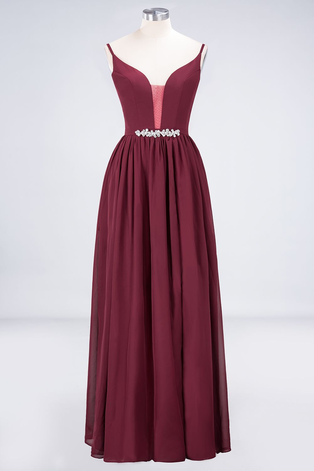 Sexy Deep-V-Neck Appliques Burgundy Chiffon Bridesmaid Dress with Slit-27dress