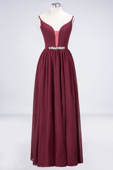 Sexy Deep-V-Neck Appliques Burgundy Chiffon Bridesmaid Dress with Slit-27dress
