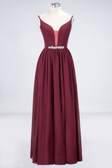 Sexy Deep-V-Neck Appliques Burgundy Chiffon Bridesmaid Dress with Slit-27dress