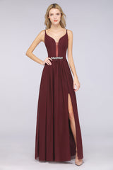 Sexy Deep-V-Neck Appliques Burgundy Chiffon Bridesmaid Dress with Slit-27dress