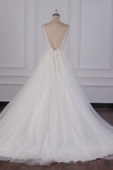 Sexy Deep-V-Neck Ball Gown Wedding Dress Sleeveless Appliques Beadings Bridal Gowns On Sale-27dress
