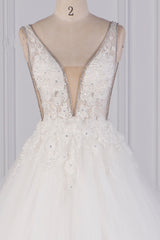 Sexy Deep-V-Neck Ball Gown Wedding Dress Sleeveless Appliques Beadings Bridal Gowns On Sale-27dress
