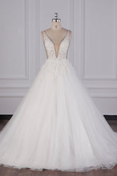Sexy Deep-V-Neck Ball Gown Wedding Dress Sleeveless Appliques Beadings Bridal Gowns On Sale-27dress