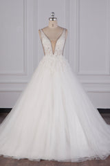Sexy Deep-V-Neck Ball Gown Wedding Dress Sleeveless Appliques Beadings Bridal Gowns On Sale-27dress