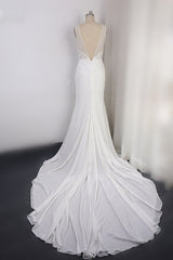 Sexy Deep-V-Neck Chiffon Sheath Wedding Dress Lace Appliques Sleeveless Pearls Bridal Gowns Online-27dress