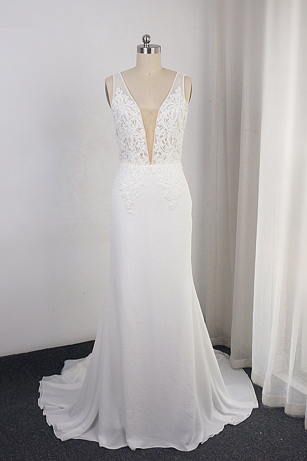 Sexy Deep-V-Neck Chiffon Sheath Wedding Dress Lace Appliques Sleeveless Pearls Bridal Gowns Online-27dress