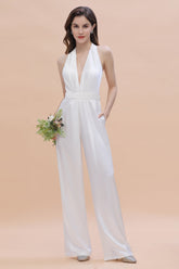 Sexy Deep-V-Neck Halter Backless Charmeuse Bridesmaid Jumpsuit Online-27dress
