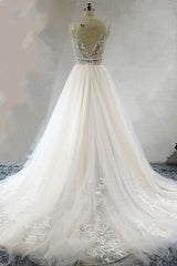 Sexy Deep-V-Neck Sleeveless Tulle Wedding Dress Ruffles Appliques Beadings Bridal Gowns with Sash On Sale-27dress