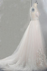 Sexy Deep-V-Neck Sleeveless Tulle Wedding Dress Ruffles Appliques Beadings Bridal Gowns with Sash On Sale-27dress