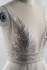 Sexy Deep-V-Neck Sleeveless Tulle Wedding Dress Ruffles Appliques Beadings Bridal Gowns with Sash On Sale-27dress