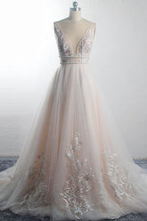 Sexy Deep-V-Neck Sleeveless Tulle Wedding Dress Ruffles Appliques Beadings Bridal Gowns with Sash On Sale-27dress