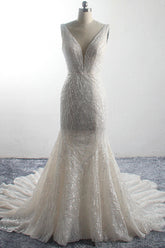 Sexy Deep-V-Neck Sleeveless Wedding Dress Sparkly Sequins Mermaid Long Bridal Gowns On Sale-27dress