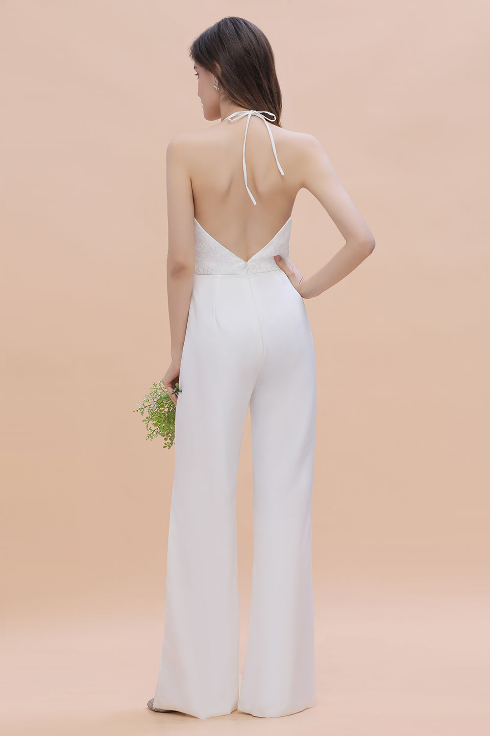 Sexy Halter Backless Lace Bridesmaid Jumpsuit with Slits On Sale-27dress