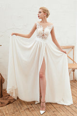 Sexy Jewel Appliques Long Ivory Affordable Wedding Dress with Front Slit-27dress