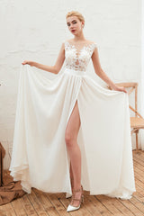Sexy Jewel Appliques Long Ivory Affordable Wedding Dress with Front Slit-27dress