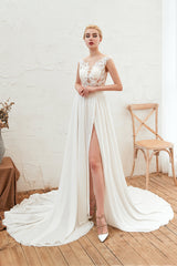 Sexy Jewel Appliques Long Ivory Affordable Wedding Dress with Front Slit-27dress