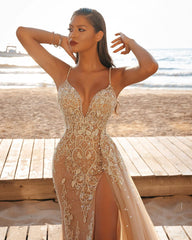 Sexy Long Mermaid Appliques Lace Split Wedding Dress With Side Train-27Dress