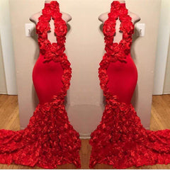 Sexy Long Mermaid Flowers High Neck Red Prom Dresses-27Dress