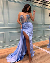 Sexy Lavender Strapless Prom Dress Tulle Split with Beading