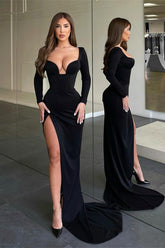 Sexy Long Sleeves Mermaid Prom Dress Black With High Split Online
