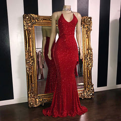 Sexy Mermaid Halter Sequins Red Long Prom Dresses-27Dress