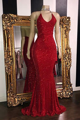 Sexy Mermaid Halter Sequins Red Long Prom Dresses-27Dress