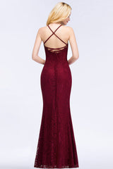 Sexy Mermaid Lace Long Burgundy Bridesmaid Dresses with Crisscross Back-27dress