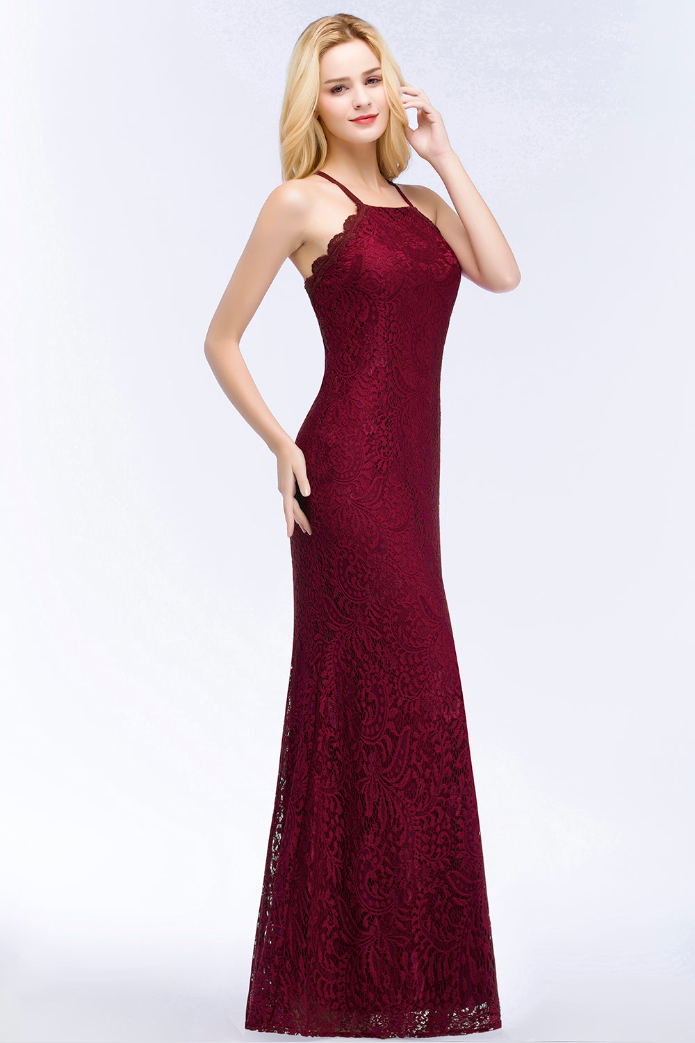 Sexy Mermaid Lace Long Burgundy Bridesmaid Dresses with Crisscross Back-27dress