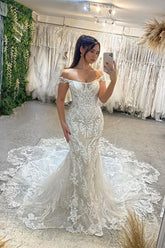 Sexy Mermaid Off-the-Shoulder Lace Long Wedding Dresses-27dress