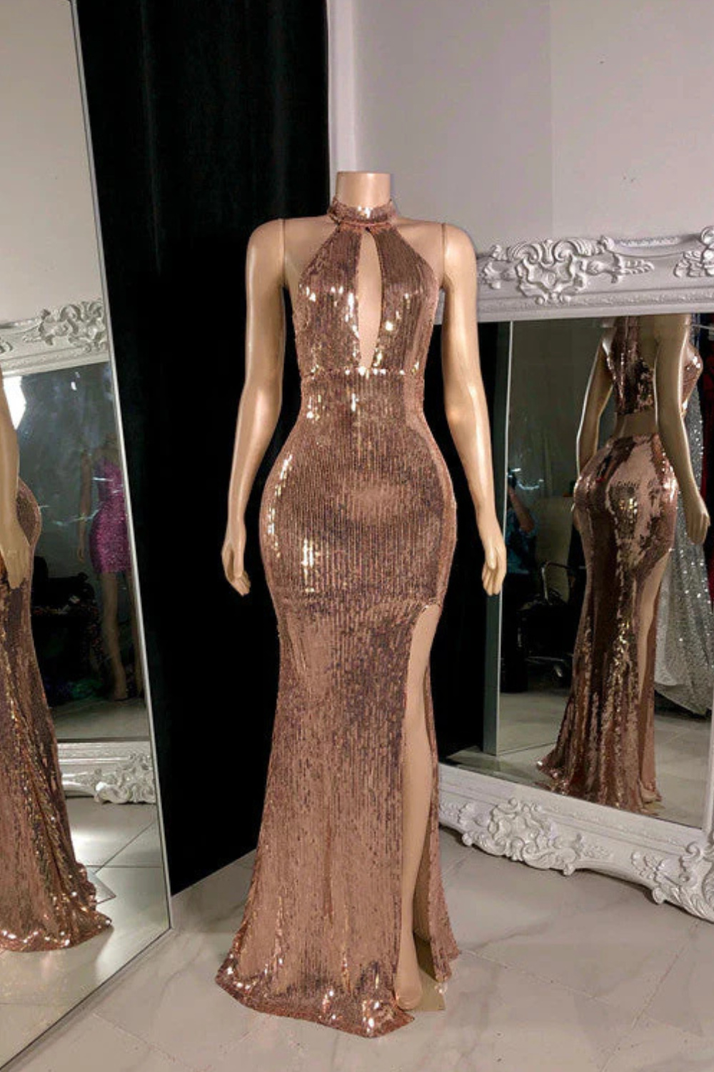 Sexy Mermaid Sleeveless Sequined Halter Prom Dress with Slit-27dress