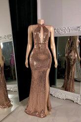 Sexy Mermaid Sleeveless Sequined Halter Prom Dress with Slit-27dress