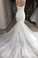 Sexy Mermaid Spaghetti Straps Ivory Wedding Dresses With Appliques Tulle Lace Bridal Gowns On Sale-27dress