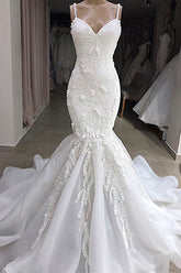 Sexy Mermaid Spaghetti Straps Ivory Wedding Dresses With Appliques Tulle Lace Bridal Gowns On Sale-27dress