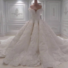 Sexy Off-the-shoulder A-line Lace Wedding Dresses White Ruffles Bridal Gowns With Appliques Online-27dress