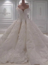 Sexy Off-the-shoulder A-line Lace Wedding Dresses White Ruffles Bridal Gowns With Appliques Online-27dress