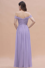 Sexy Off-the-Shoulder Lace Chiffon Ruffles Bridesmaid Dress with Slit On Sale-27dress