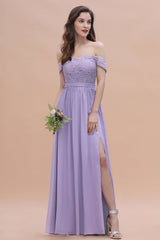 Sexy Off-the-Shoulder Lace Chiffon Ruffles Bridesmaid Dress with Slit On Sale-27dress