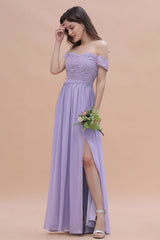 Sexy Off-the-Shoulder Lace Chiffon Ruffles Bridesmaid Dress with Slit On Sale-27dress