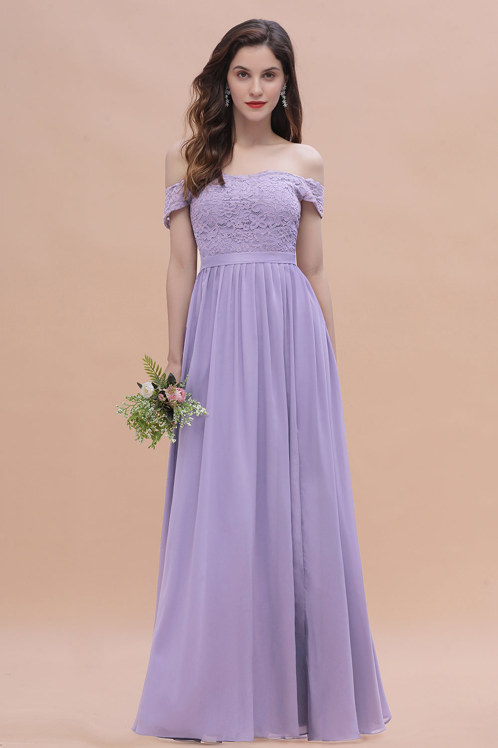 Sexy Off-the-Shoulder Lace Chiffon Ruffles Bridesmaid Dress with Slit On Sale-27dress
