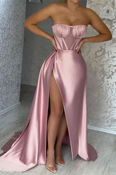 Sexy Pink Strapless Sleeveless Mermaid Prom Dress With Split Ruffles