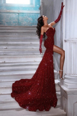 Sexy Red Glitter V-neck Sleeveless Mermaid Long Prom Dresses With Slit-27dress