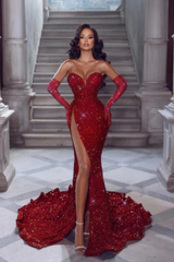 Sexy Red Glitter V-neck Sleeveless Mermaid Long Prom Dresses With Slit-27dress
