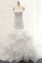 Sexy Sleeveless Straps Ruffles Wedding Dresses With Appliques White Mermaid Satin Bridal Gowns Online-27dress
