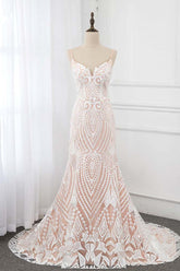 Sexy Spaghetti Straps Appliques Ivory Wedding Dresses V-Neck Sleeveless Bridal Gowns-27dress