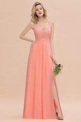 Sexy Spaghetti-Straps Coral Lace Bridesmaid Dresses with Slit-27dress