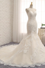Sexy Spaghetti Straps Mermaid Wedding Dresses Sleeveless Lace Bridal Gowns With Appliques Online-27dress