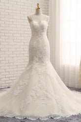 Sexy Spaghetti Straps Mermaid Wedding Dresses Sleeveless Lace Bridal Gowns With Appliques Online-27dress
