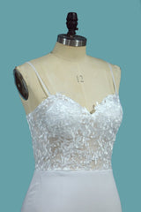 Sexy Spaghetti Straps Satin Wedding Dress Mermaid Lace Applqiues Bridal Gowns On Sale-27dress