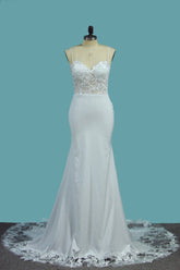 Sexy Spaghetti Straps Satin Wedding Dress Mermaid Lace Applqiues Bridal Gowns On Sale-27dress