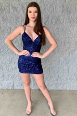 Sexy Spaghetti Straps Sequined Sheath Homecoming Dress-27dress